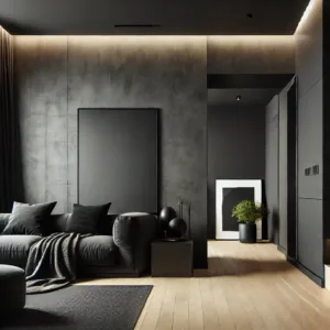 A stylish modern interior featuring matte black walls that add depth, contrast, and sophistication. The matte black paint enhances the room's sleek design, creating a bold yet elegant atmosphere with clean lines and contemporary decor elements.