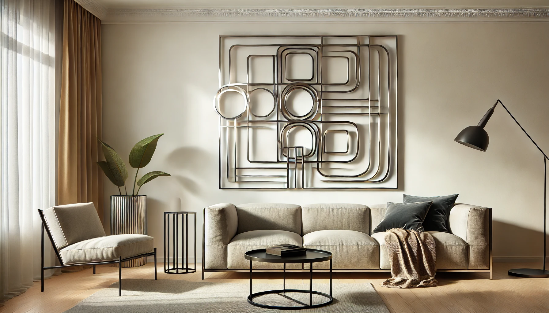 Modern metal wall art with geometric shapes displayed on a minimalist living room wall, serving as a striking focal point.