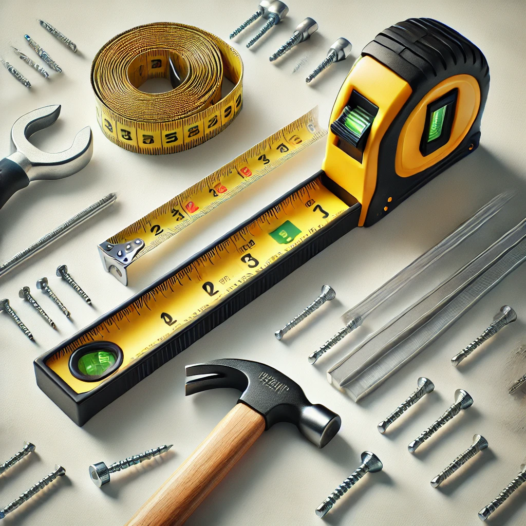 Essential tools for installing metal wall art, including a level, measuring tape, hammer, and wall anchors for safe and precise hanging