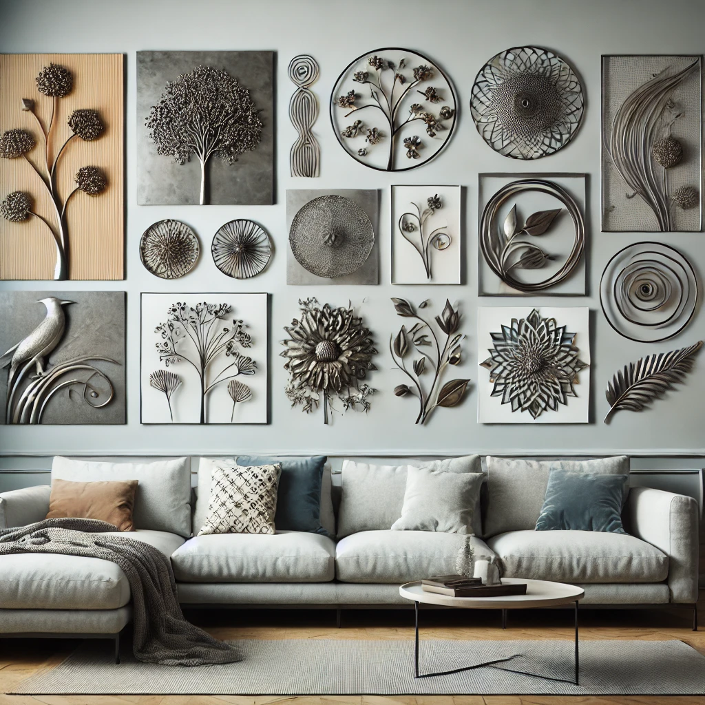 Gallery wall featuring a variety of metal wall art pieces, arranged asymmetrically to create a visually engaging display.