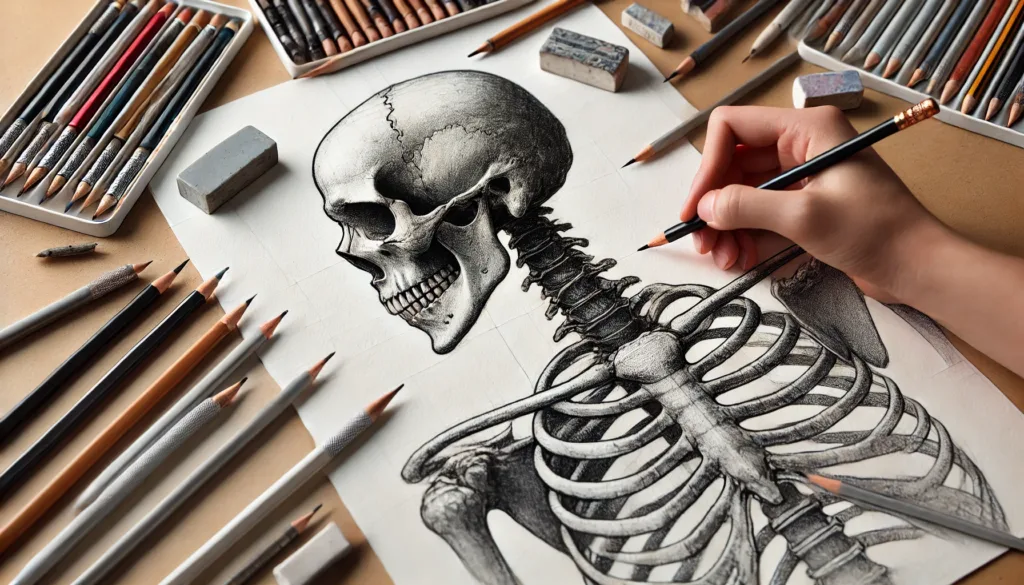 Skeleton drawing in progress, featuring detailed sketches of the skull, spine, and rib cage, with pencils and erasers arranged on the desk.