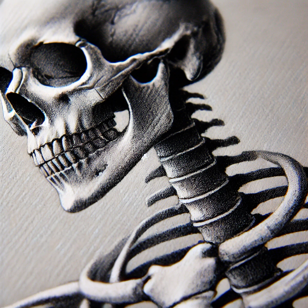 Close-up of a skeleton drawing with shading techniques, adding depth and realism to the rib cage and limbs.