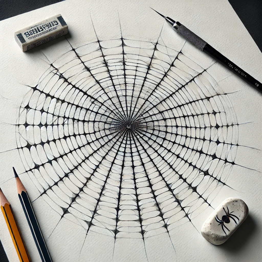 Spider web drawing in progress, showing radial lines and the first spiral connections, with a pencil and eraser nearby.