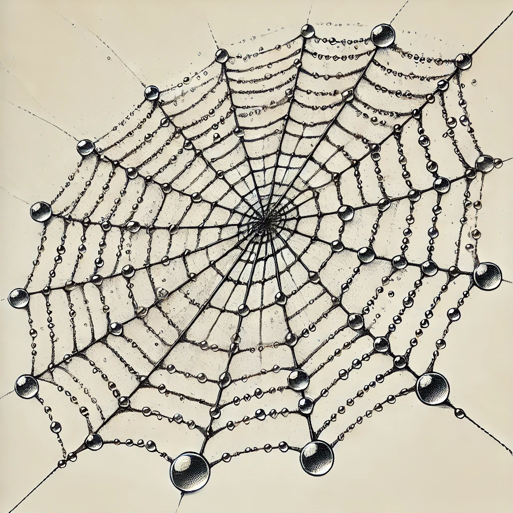 Advanced spider web drawing with dew drops, featuring detailed shading and texture to create a realistic effect.