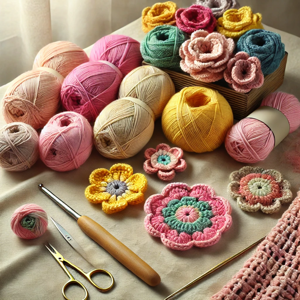 A neatly arranged collection of crochet supplies for making crochet flowers, displayed on a table. The setup features medium-weight yarn in bright colors, along with crochet hooks and pattern guides, creating an inviting space for crafting vibrant floral designs.