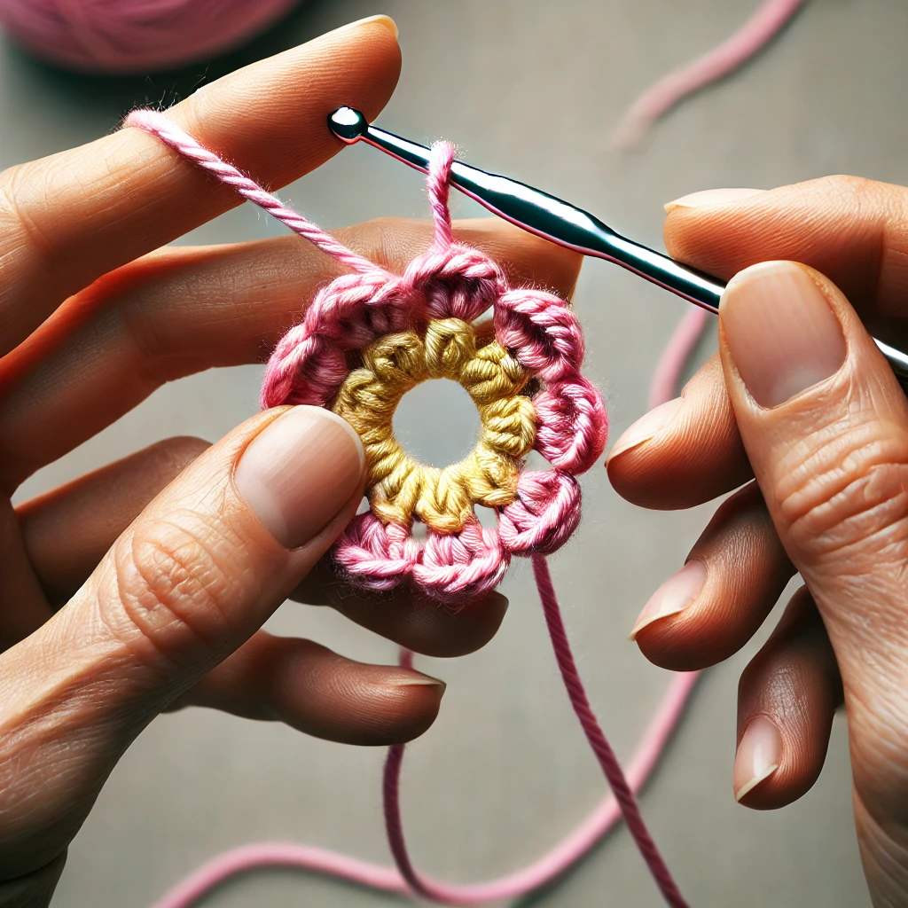 A close-up of hands demonstrating the magic ring crochet technique for starting a crochet flowers. The image captures yarn wrapped around the fingers, showcasing the method clearly and providing a visual guide for beginners.