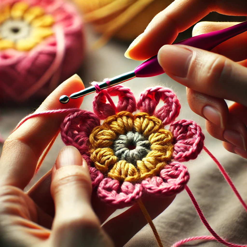 A close-up image of hands crochet flowers petals using basic stitches. The crochet hook is actively pulling bright-colored yarn, such as pink and yellow, demonstrating the technique and showcasing the vibrant materials used in the floral project.