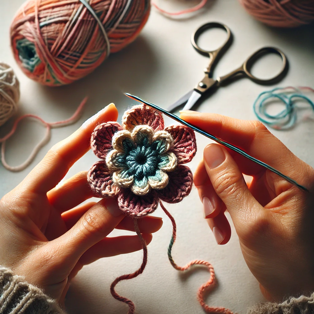 A close-up image of hands finishing a crochet flowers by fastening off and weaving in the yarn ends. The crochet flower is fully formed, displaying colorful petals and showcasing the final touches being applied to complete the project.