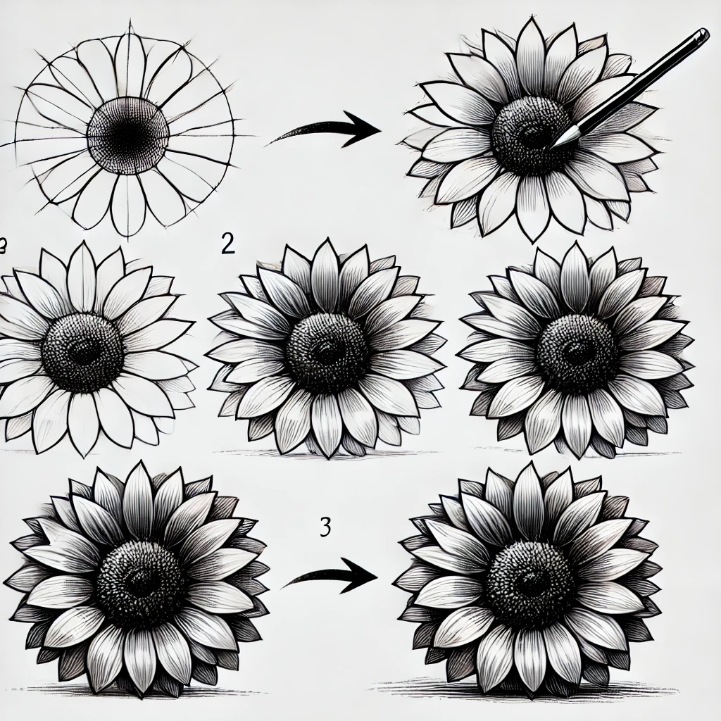 A step-by-step visual guide of drawing sunflower petals, showing four stages: starting with the center, then progressively adding and detailing the petals.