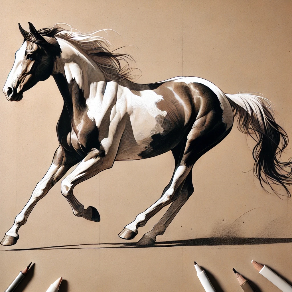 A realistic paint horse drawing featuring tips on shadows, highlights, and movement. The horse is depicted in motion, with shading that emphasizes its form and dynamic posture.