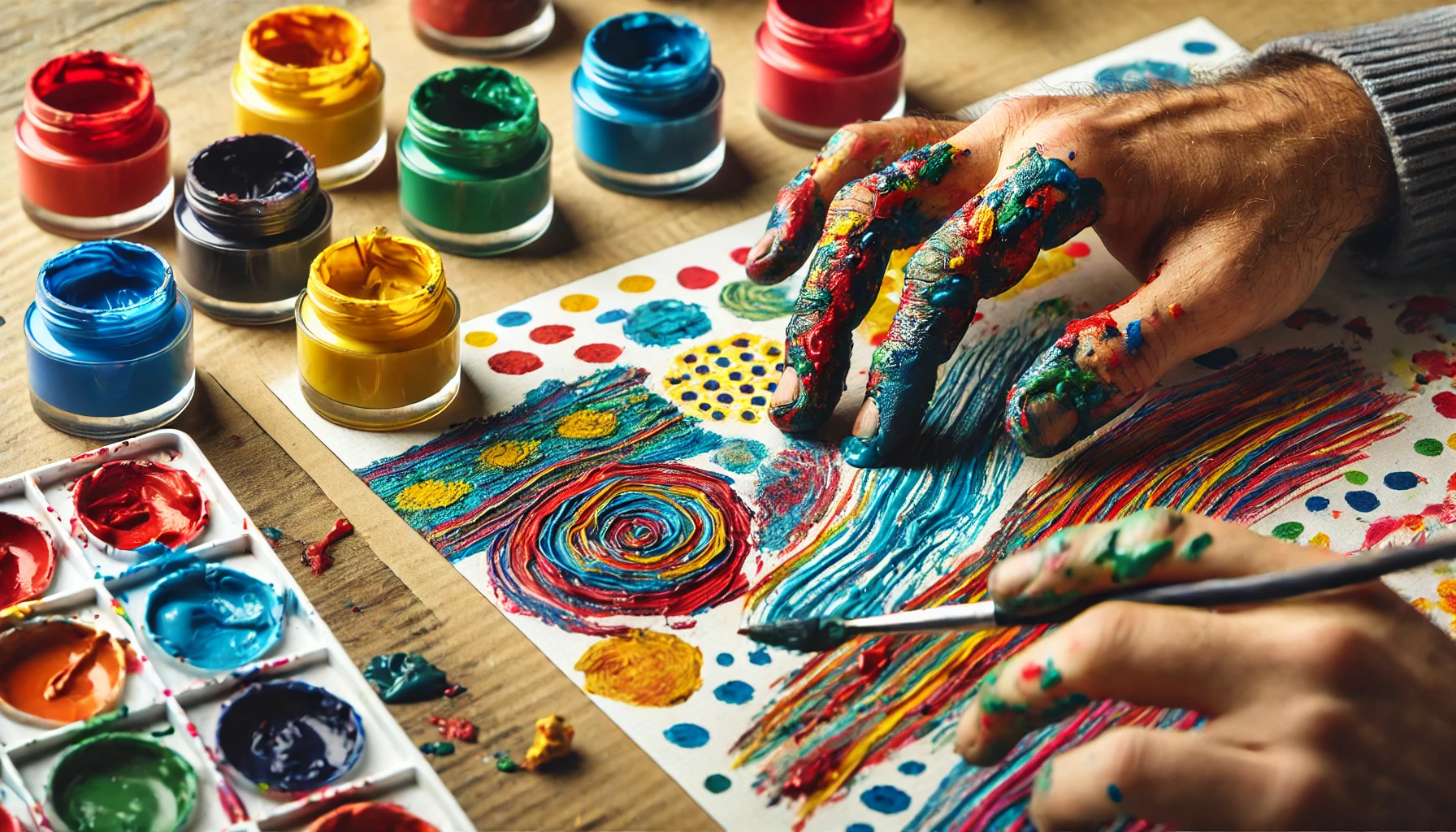 Close-up of hands using vibrant finger paints to create abstract shapes on a thick paper surface, showcasing the creative process of finger painting.