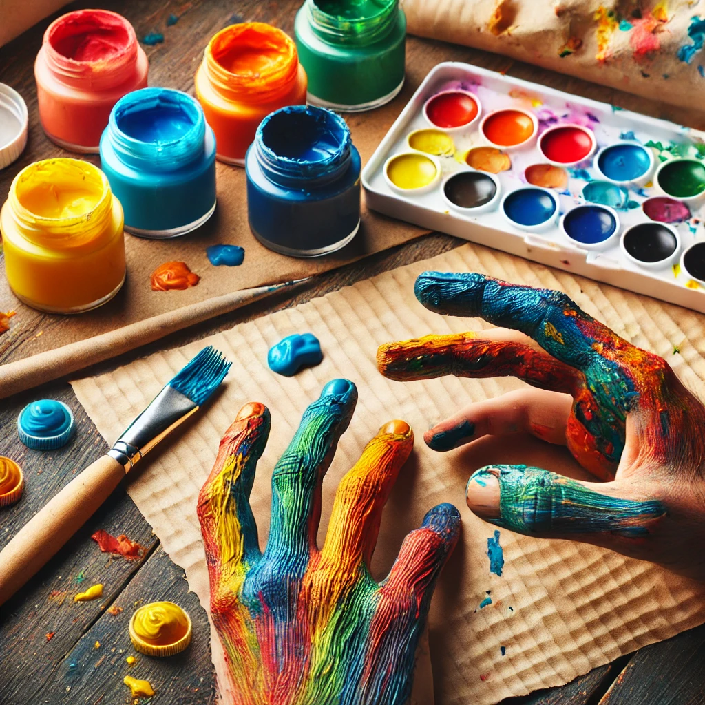 A workspace with colorful non-toxic finger paints, sturdy paper, and paint-covered fingers, emphasizing the tools and textures involved in finger painting.