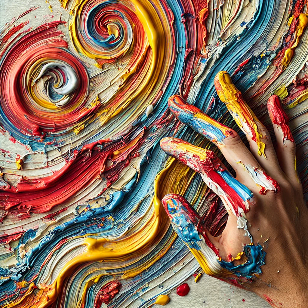 Vibrant abstract finger painting in progress, featuring layered colors and textured patterns made by hands, highlighting expressive and tactile art techniques.