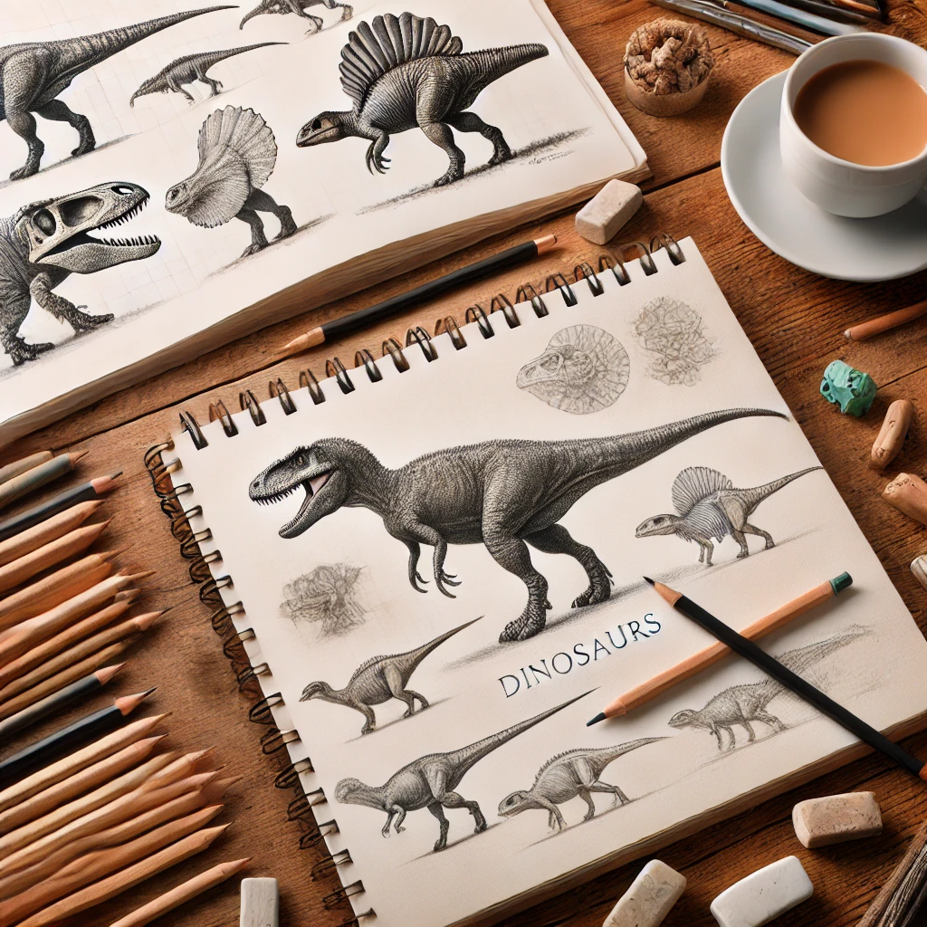 An artist's workspace for dinosaur drawing, featuring reference images of dinosaurs and fossils. The sketchbook displays light, clean sketches of dinosaur figures in progress.