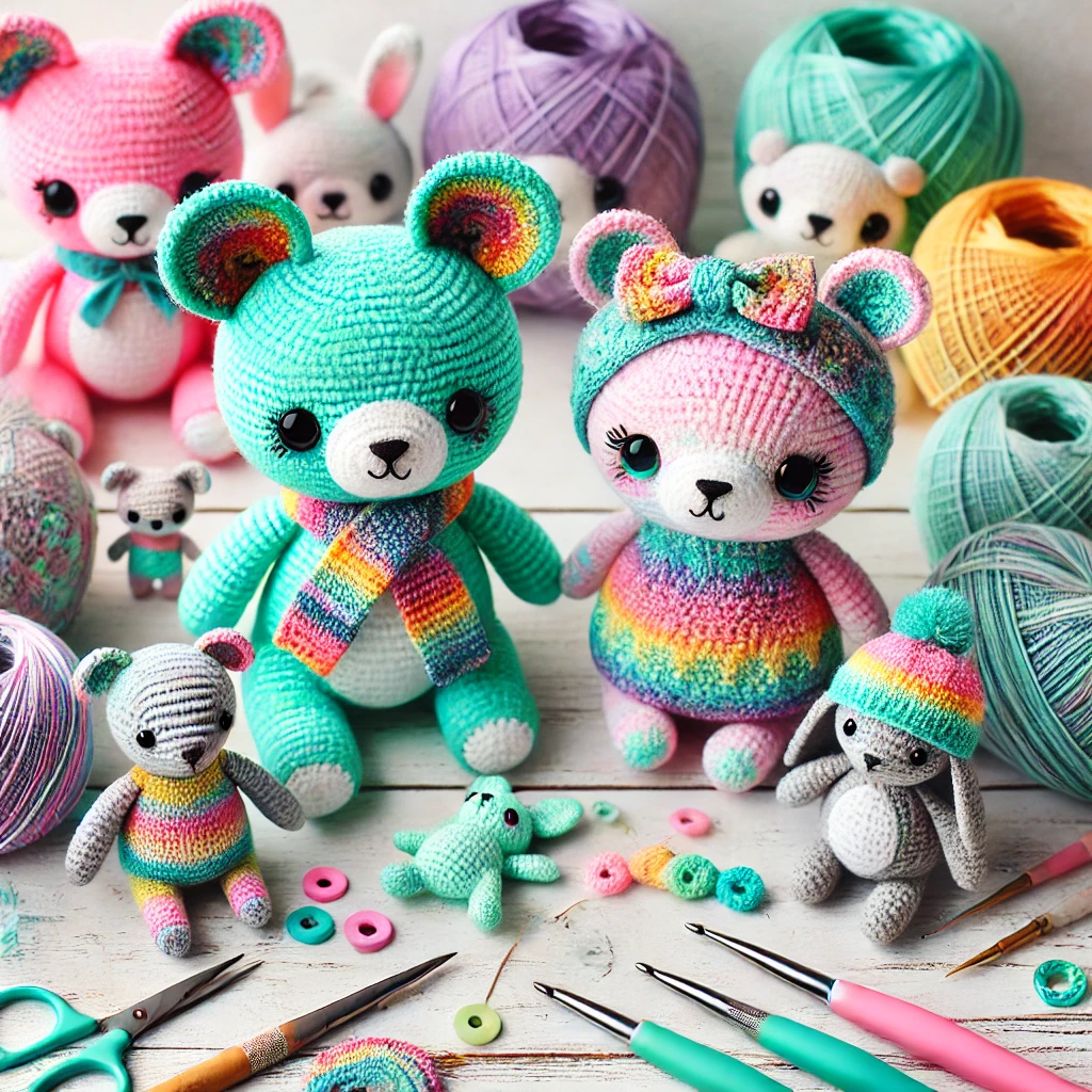 A creative workspace showcasing crochet animals with personalized touches. One crochet animal stands out with a vibrant color scheme, featuring bright shades like pink, yellow, and blue.