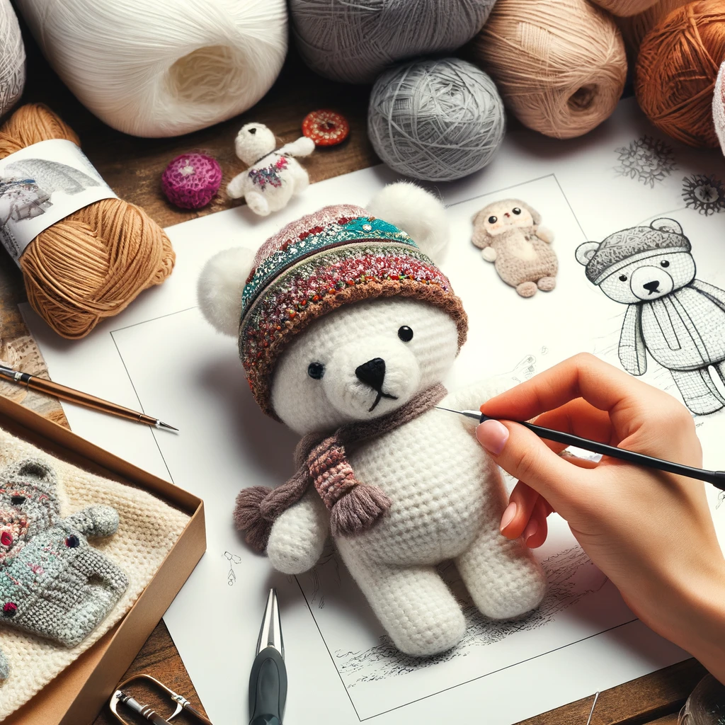 A workspace displaying crochet animals being personalized, with design sketches, high-quality yarn, and accessories like scarves and hats. One crochet animal is in the process of being dressed.