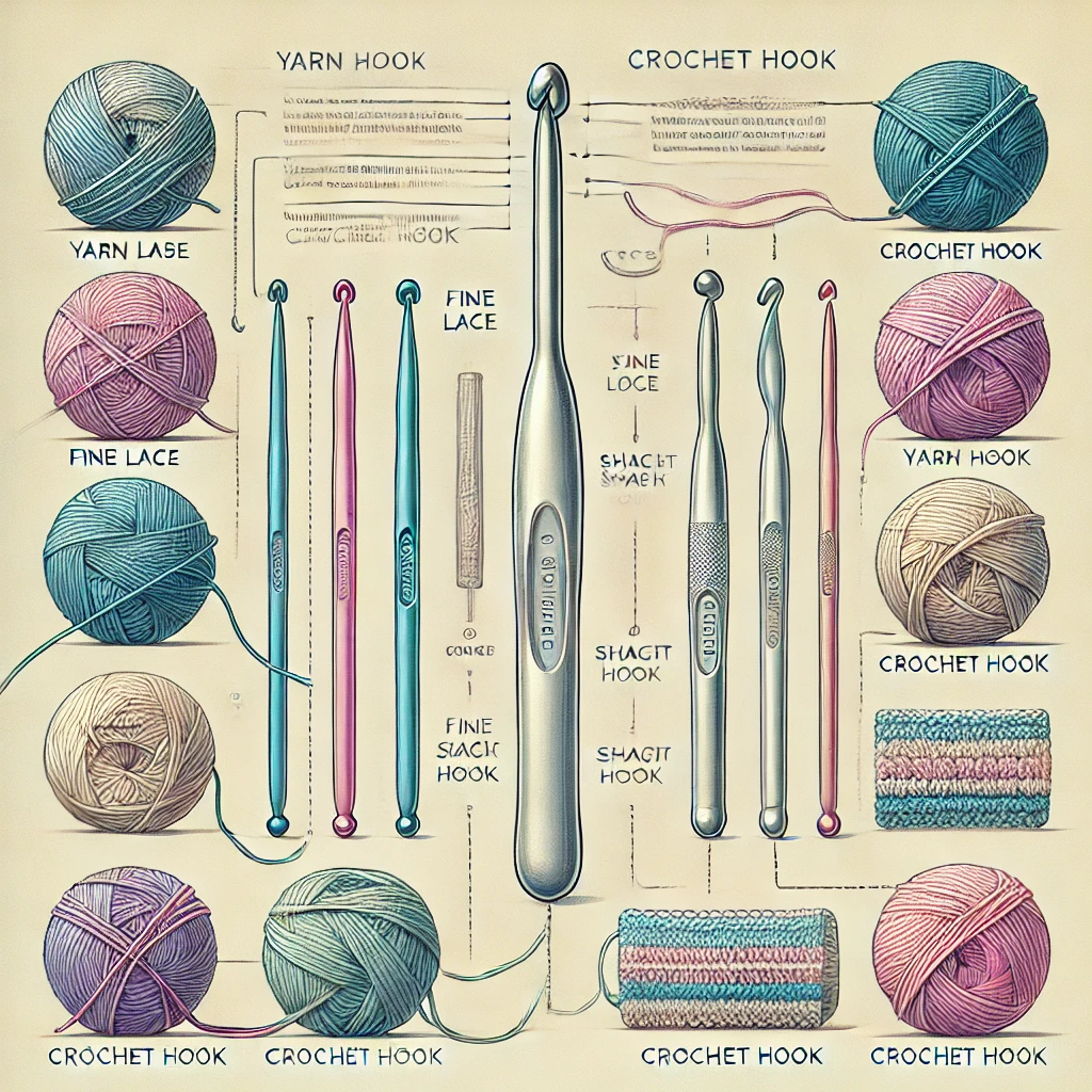 A display of yarn balls in different weights paired with matching crochet hooks. The image showcases a range of yarns from fine lace to chunky, demonstrating the relationship between yarn thickness and crochet hook size.