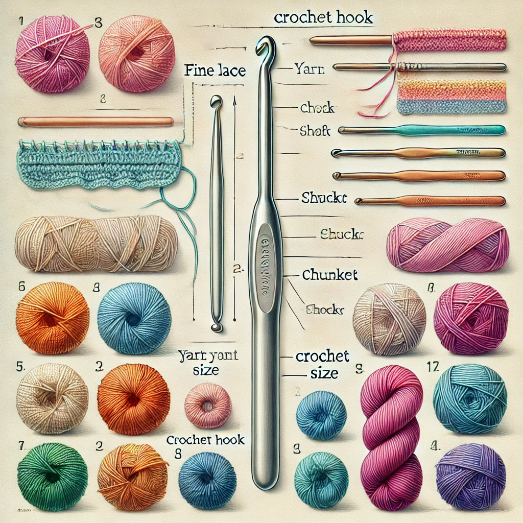 Anatomy of a crochet hook showing labeled parts: the hook head, shaft, and handle. A visual guide with yarn pattern in the background, helping users understand the structure and function of crochet hooks.