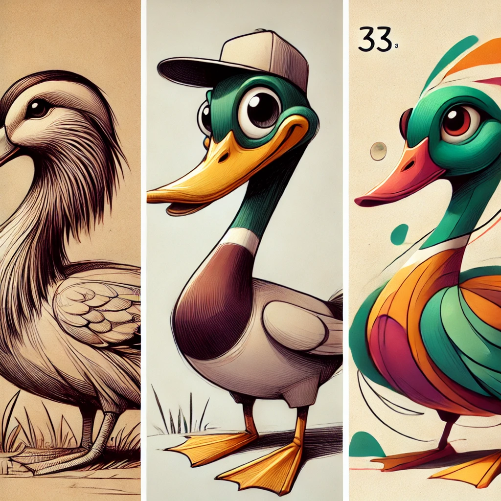 Three duck drawing styles: one realistic with detailed feathers, one abstract with bold shapes, and one cartoonish with exaggerated features.