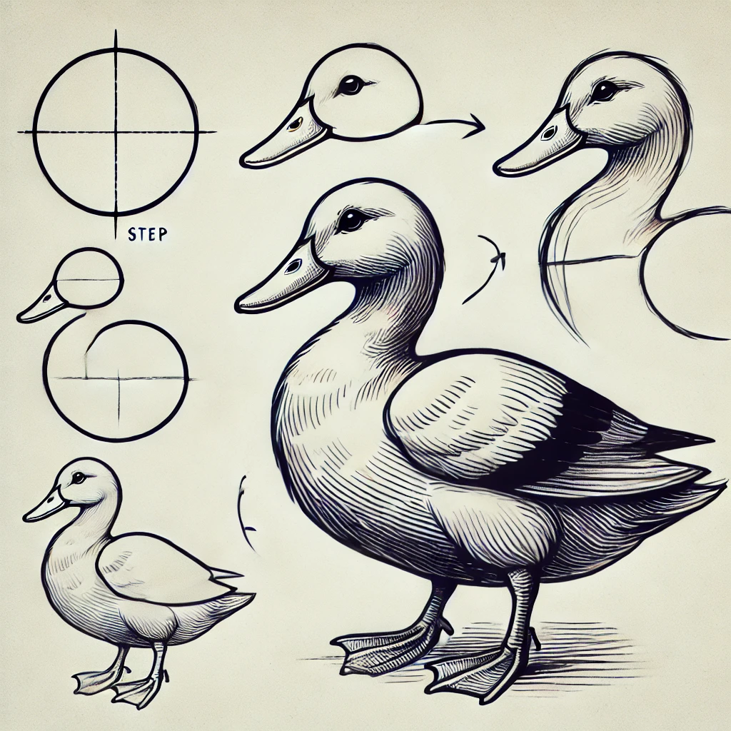 A step-by-step guide to duck drawing. The first step illustrates an oval for the duck's body, followed by a circle for the head and a curved line for the neck in the second step.