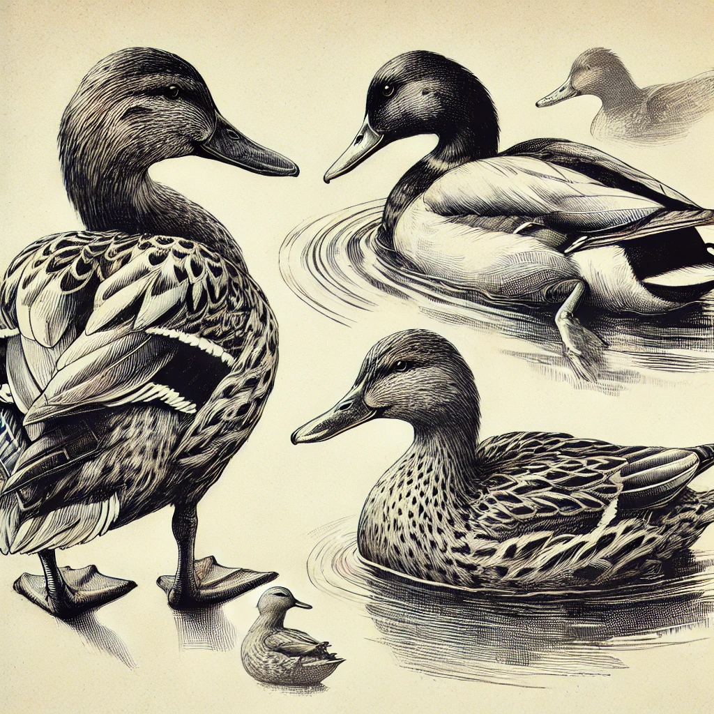 A detailed duck drawing in three poses: standing on one leg, swimming with ripples, and mid-flight with wings extended.