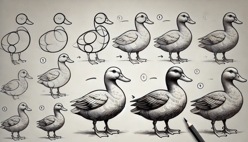 A featured image illustrating the step-by-step process of drawing a duck. It shows various stages, starting from basic shapes like circles, gradually adding details to form a complete duck.